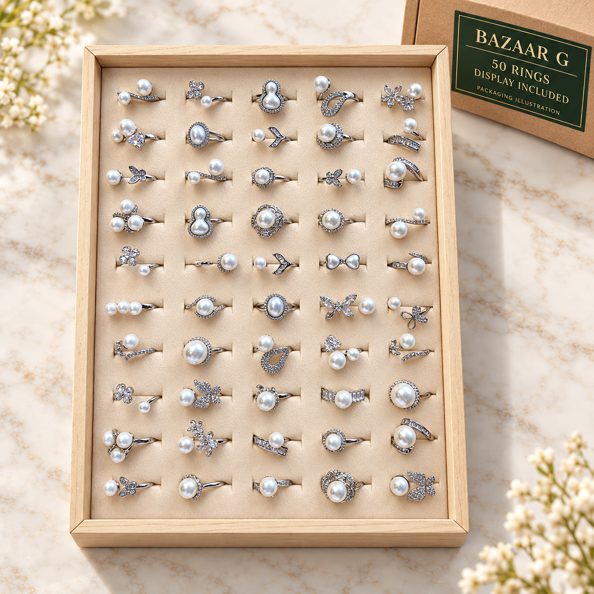 Pearl-Effect Rings: 50 rings with included display tray