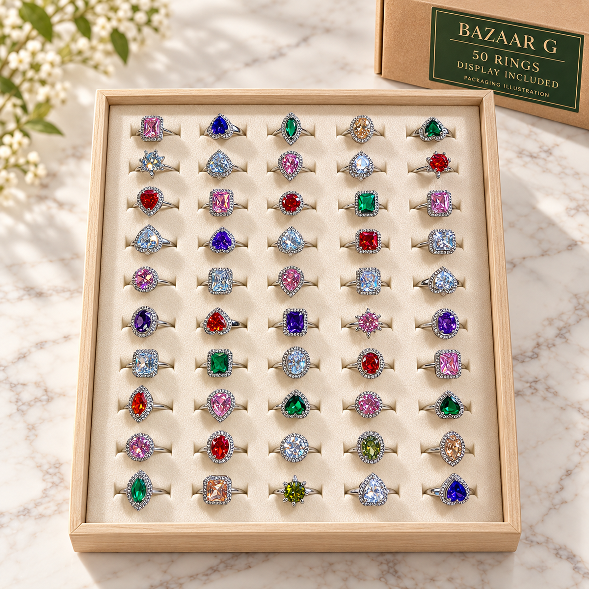 Colourful Crystal Rings — Assortment B: 50 rings with included display tray