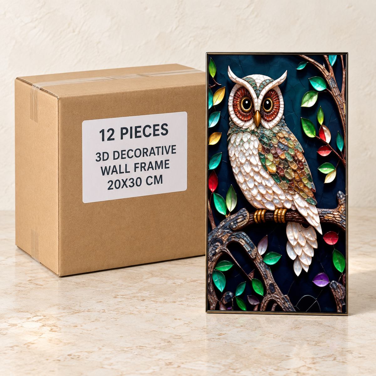 3D Decorative Wall Frames — Box of 12 — 12 × 3D Decorative Wall Frame 20X30 cm. Representative samples beside illustrative wholesale carton.