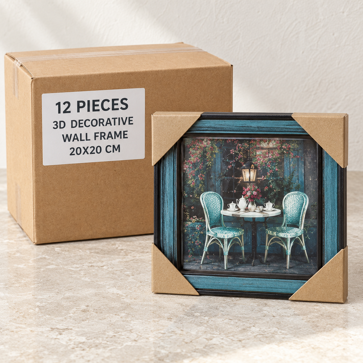 3D Decorative Wall Frames — Box of 12 — 12 × 3D Decorative Wall Frame 20X20 cm. Representative samples beside illustrative wholesale carton.