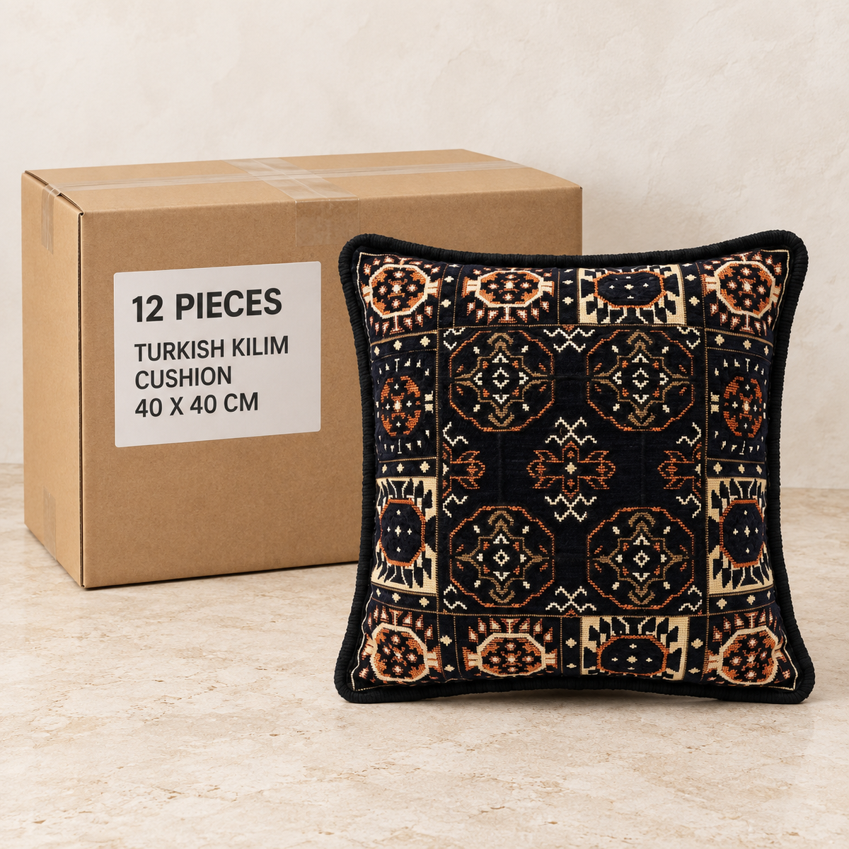 Turkish Kilim Cushion - 40 x 40 cm — Box of 12 — 12 × Turkish Kilim Cushion - 40 x 40 cm. Representative samples beside illustrative wholesale carton.