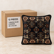 Turkish Kilim Cushion - 40 x 40 cm — Box of 12 — 12 × Turkish Kilim Cushion - 40 x 40 cm. Representative samples beside illustrative wholesale carton.