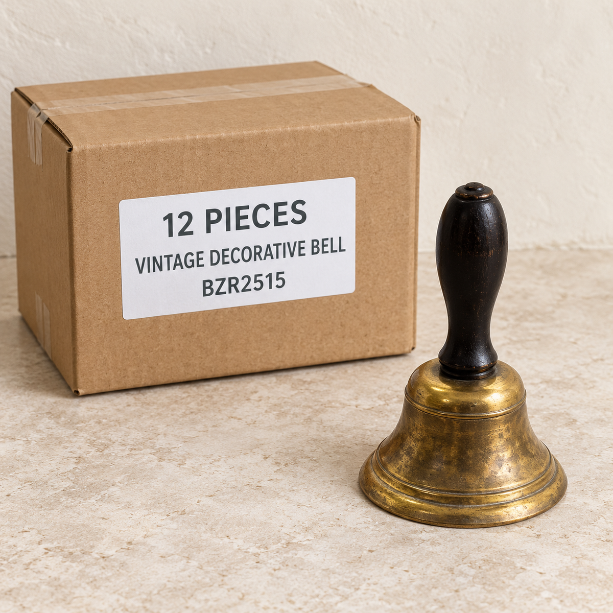 Vintage Decorative Bells — Box of 12 — 12 × Vintage Decorative Bell - BZR2515. Representative samples beside illustrative wholesale carton.
