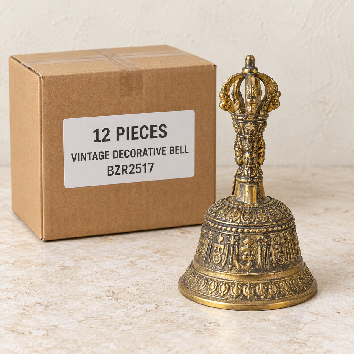 Vintage Decorative Bells — Box of 12 — 12 × Vintage Decorative Bell - BZR2517. Representative samples beside illustrative wholesale carton.
