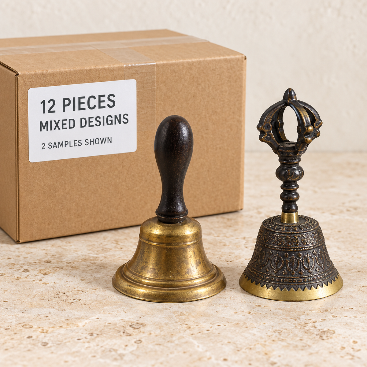 Vintage Decorative Bells — Box of 12 — Mixed box — 3 of each design. Representative samples beside illustrative wholesale carton.