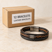 Bracelets — Box of 12 — 12 × Leather Bracelets. Representative samples beside illustrative wholesale carton.