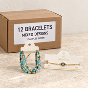 Bracelets — Box of 12 — Mixed box — 12 pieces (see contents). Representative samples beside illustrative wholesale carton.