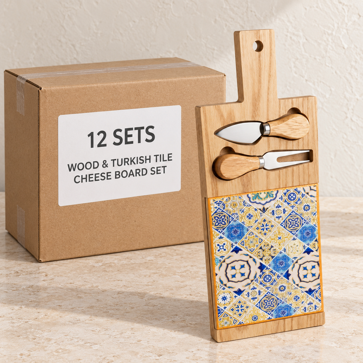Wood & Turkish Tile Cheese Board Set — Box of 12 — 12 × Wood & Turkish Tile Cheese Board Set. Representative samples beside illustrative wholesale carton.