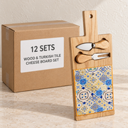 Wood & Turkish Tile Cheese Board Set — Box of 12 — 12 × Wood & Turkish Tile Cheese Board Set. Representative samples beside illustrative wholesale carton.