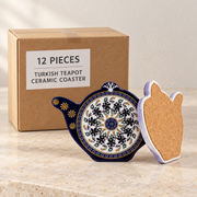 Turkish Teapot Ceramic Coaster — Box of 12 — 12 × Turkish Teapot Ceramic Coaster. Representative samples beside illustrative wholesale carton.