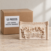 Last Supper Tabletop Ornament — Box of 12 — 12 × Last Supper Tabletop Ornament. Representative samples beside illustrative wholesale carton.