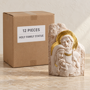 Holy Family Statue — Box of 12 — 12 × Holy Family Statue. Representative samples beside illustrative wholesale carton.