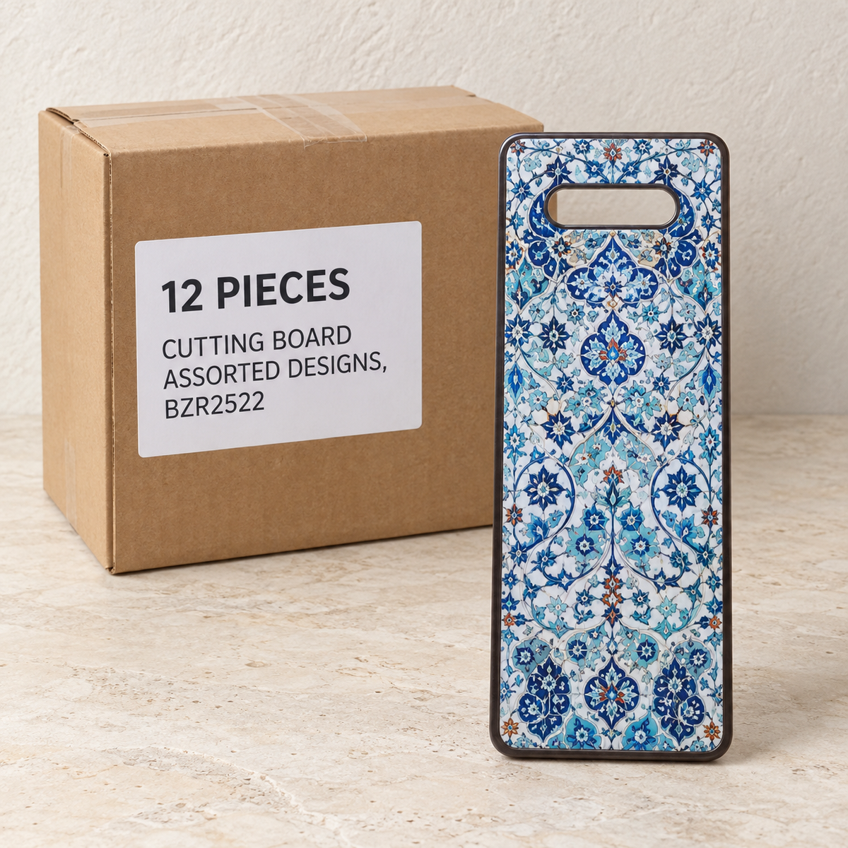 Cutting Board - Assorted Designs, BZR2522 — Box of 12 — 12 × Cutting Board - Assorted Designs, BZR2522. Representative samples beside illustrative wholesale carton.