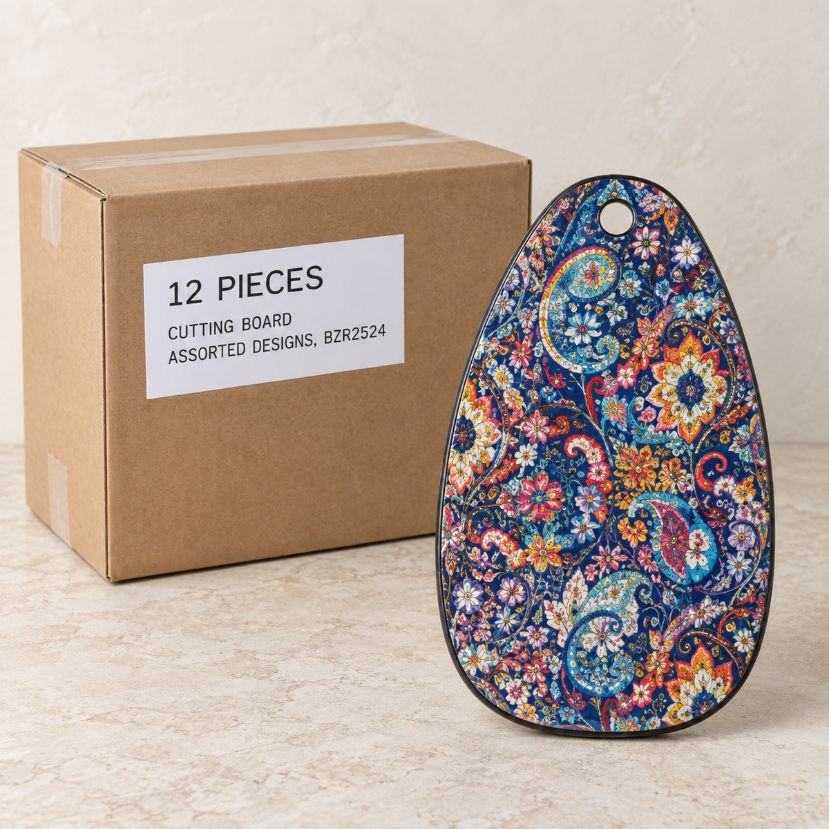 Cutting Board - Assorted Designs, BZR2524 — Box of 12 — 12 × Cutting Board - Assorted Designs, BZR2524. Representative samples beside illustrative wholesale carton.