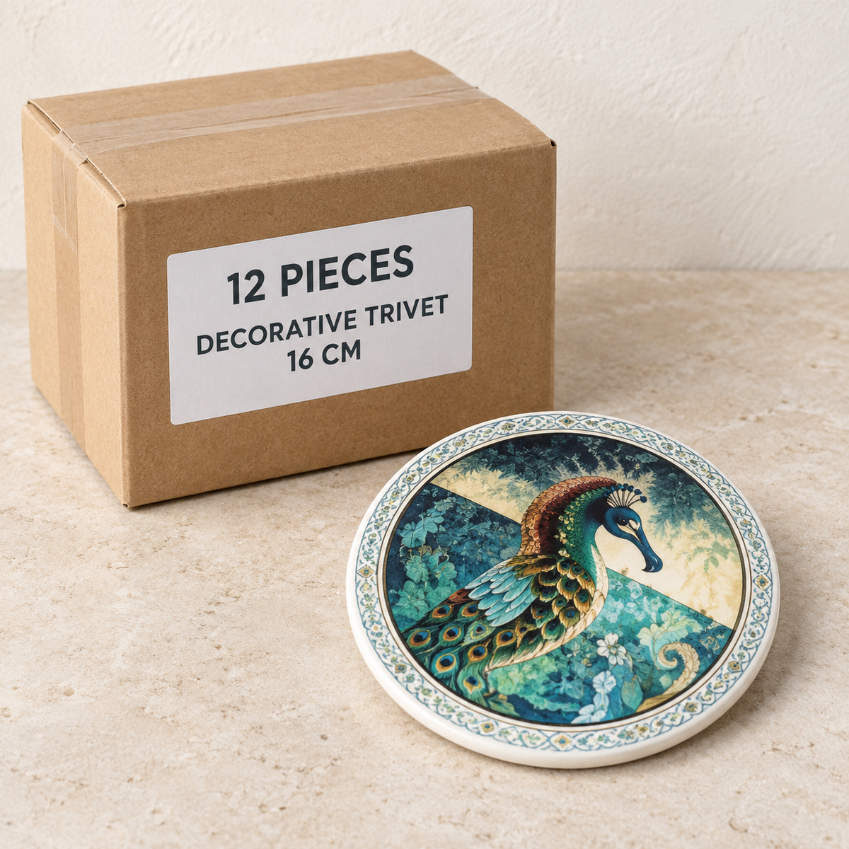 Decorative Trivet - 16 cm — Box of 12 — 12 × Decorative Trivet - 16 cm. Representative samples beside illustrative wholesale carton.