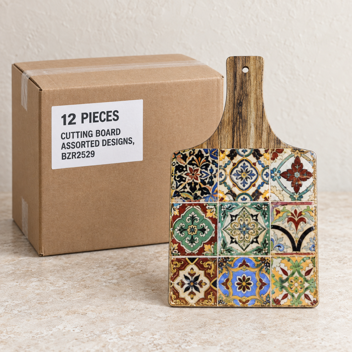 Cutting Board - Assorted Designs, BZR2529 — Box of 12 — 12 × Cutting Board - Assorted Designs, BZR2529. Representative samples beside illustrative wholesale carton.