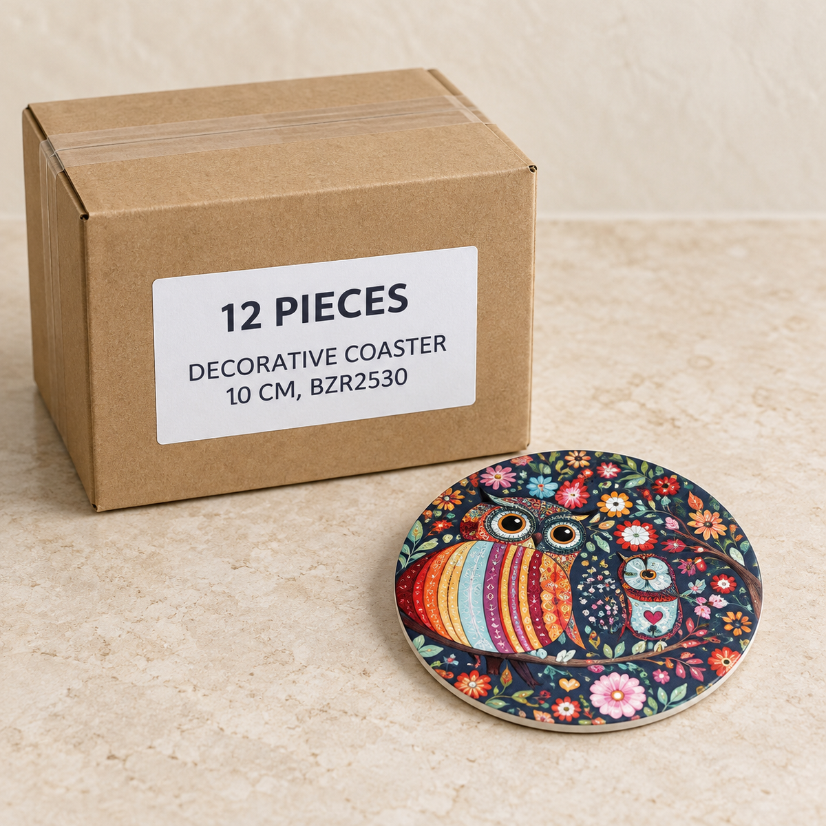 Decorative Coaster - 10 cm, BZR2530 — Box of 12 — 12 × Decorative Coaster - 10 cm, BZR2530. Representative samples beside illustrative wholesale carton.