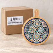 Round Serving Board - 30 cm — Box of 12 — 12 × Round Serving Board - 30 cm. Representative samples beside illustrative wholesale carton.