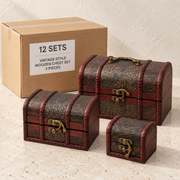 Vintage-Style Wooden Chest Set - 3 Pieces — Box of 12 — 12 × Vintage-Style Wooden Chest Set - 3 Pieces. Representative samples beside illustrative wholesale carton.