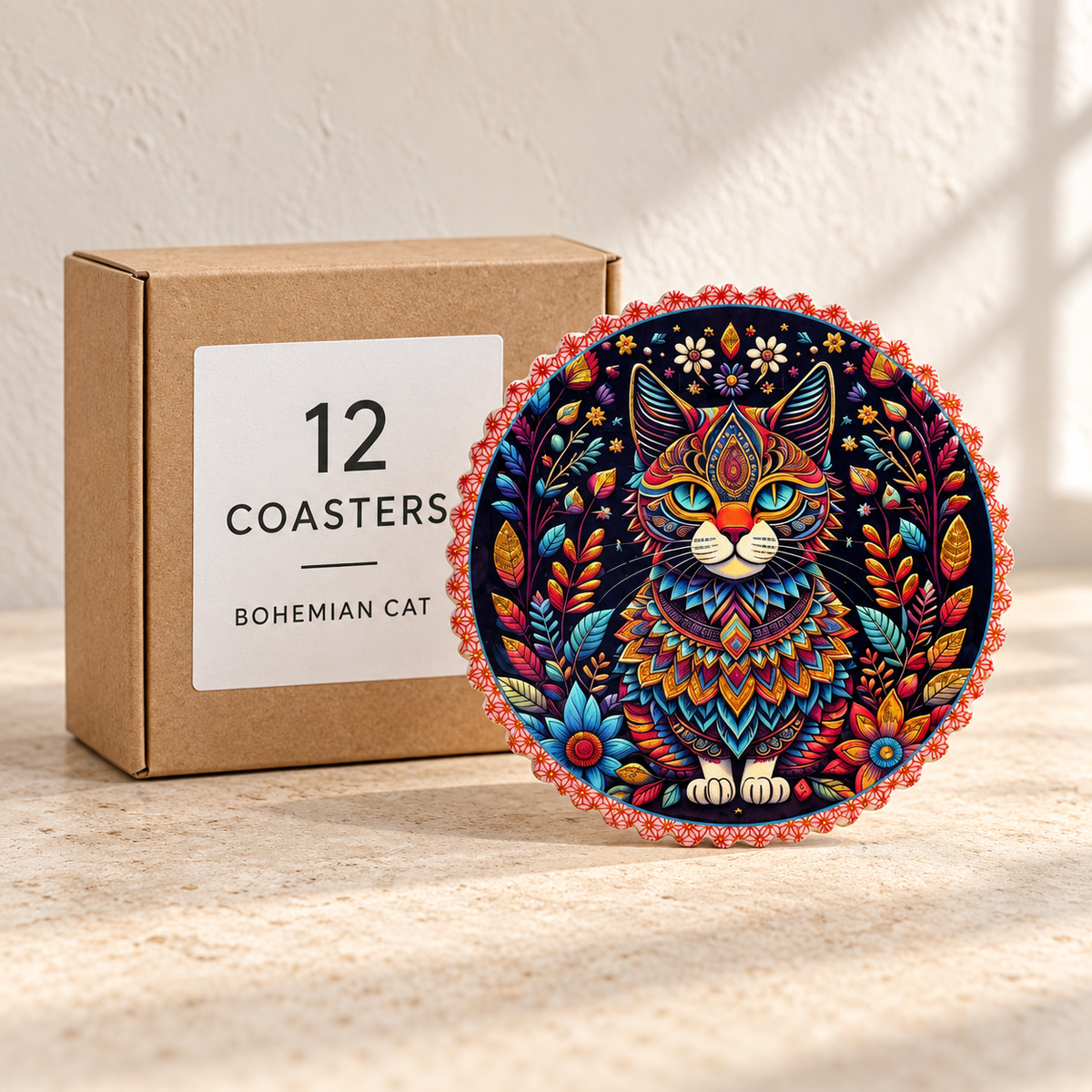 Bohemian Cat wholesale box of 12 — one sample of the selected design shown with illustrative carton