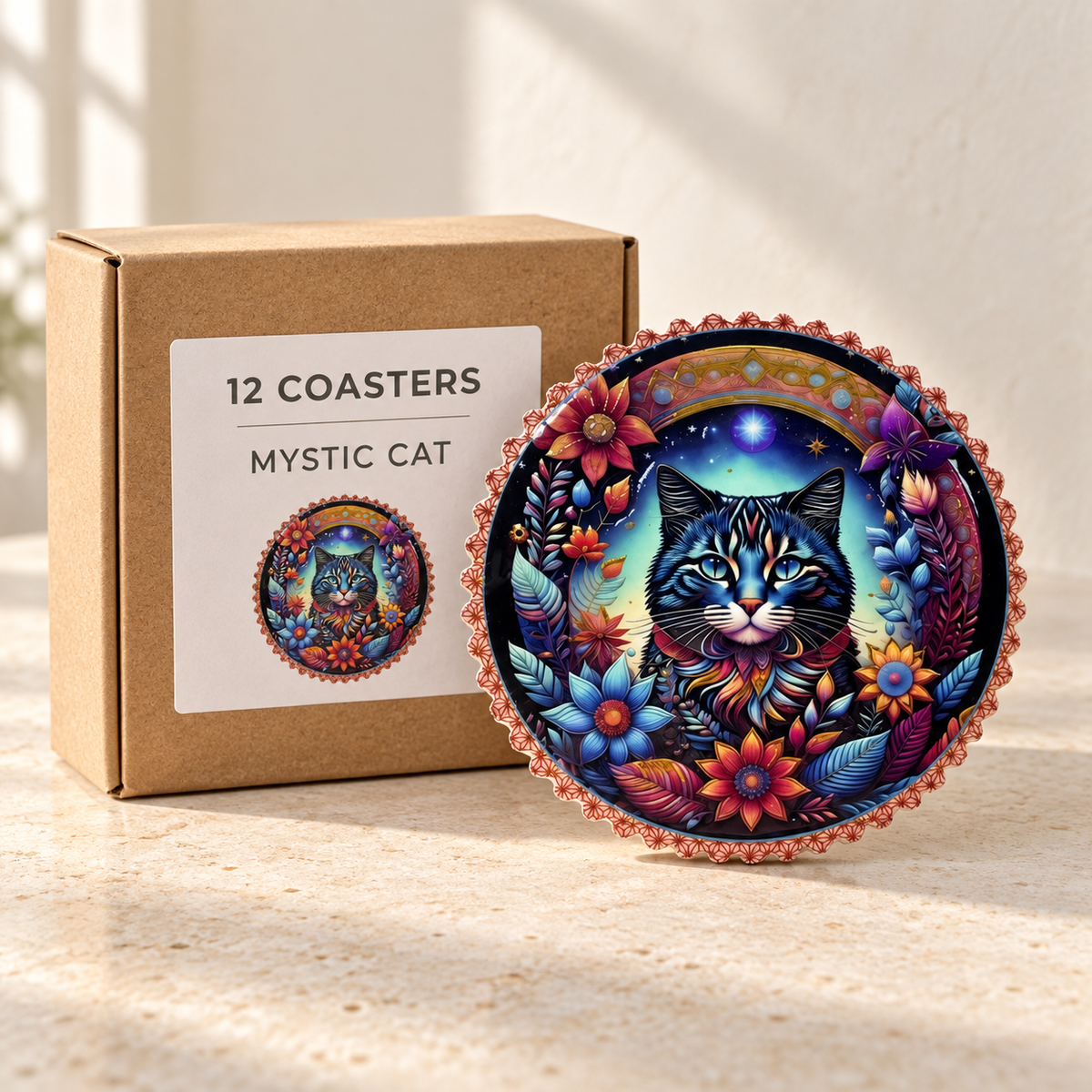 Mystic Cat wholesale box of 12 — one sample of the selected design shown with illustrative carton