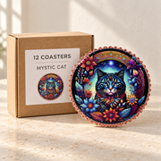 Mystic Cat wholesale box of 12 — one sample of the selected design shown with illustrative carton