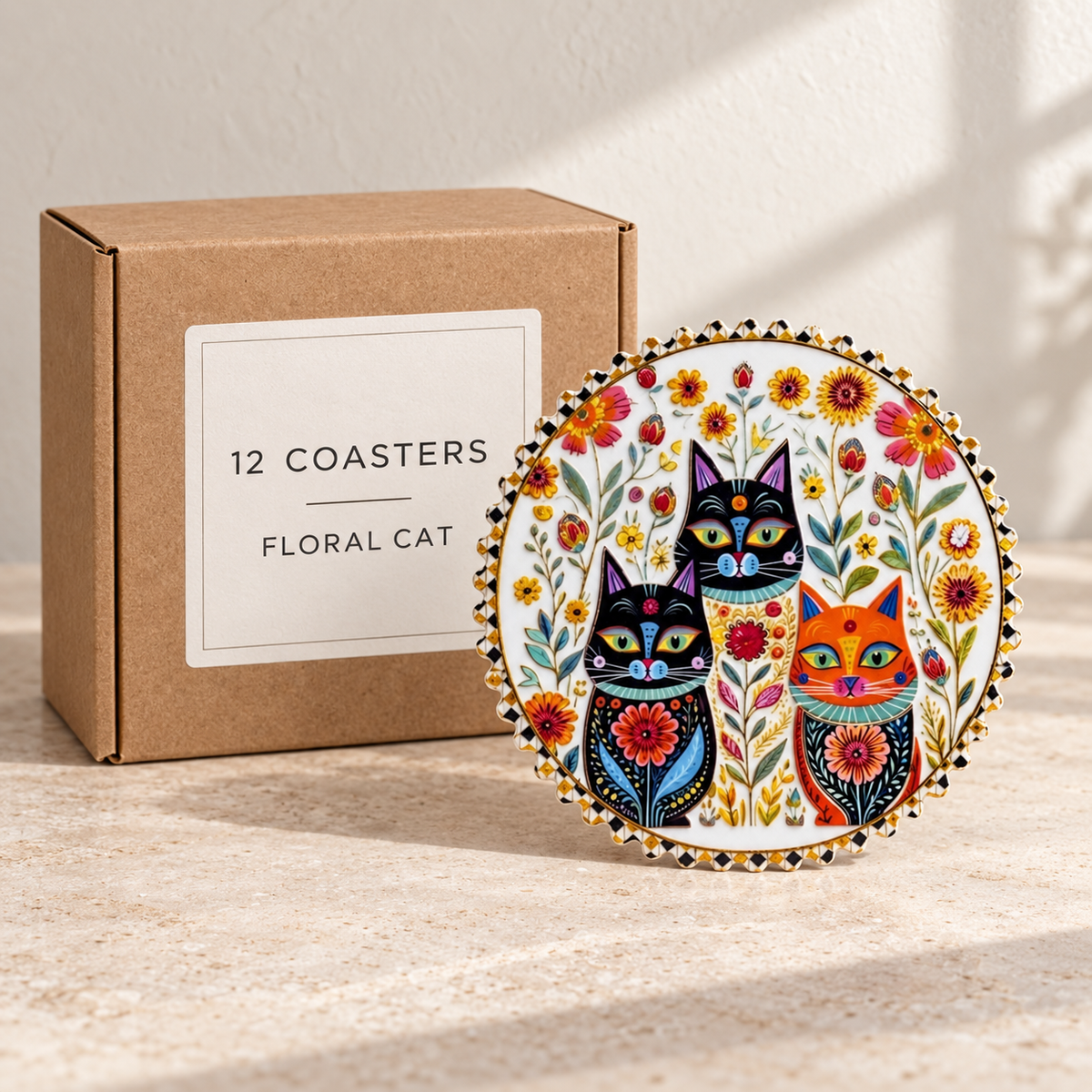 Floral Cat wholesale box of 12 — one sample of the selected design shown with illustrative carton