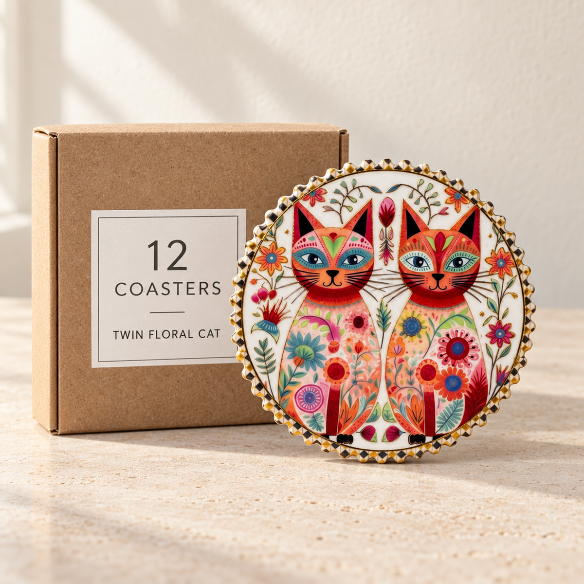 Twin Floral Cat wholesale box of 12 — one sample of the selected design shown with illustrative carton