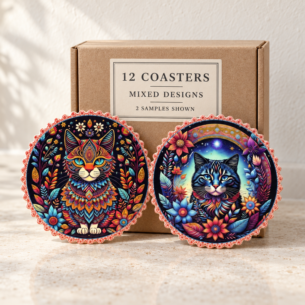 Cat coasters wholesale box of 12 — two sample designs shown