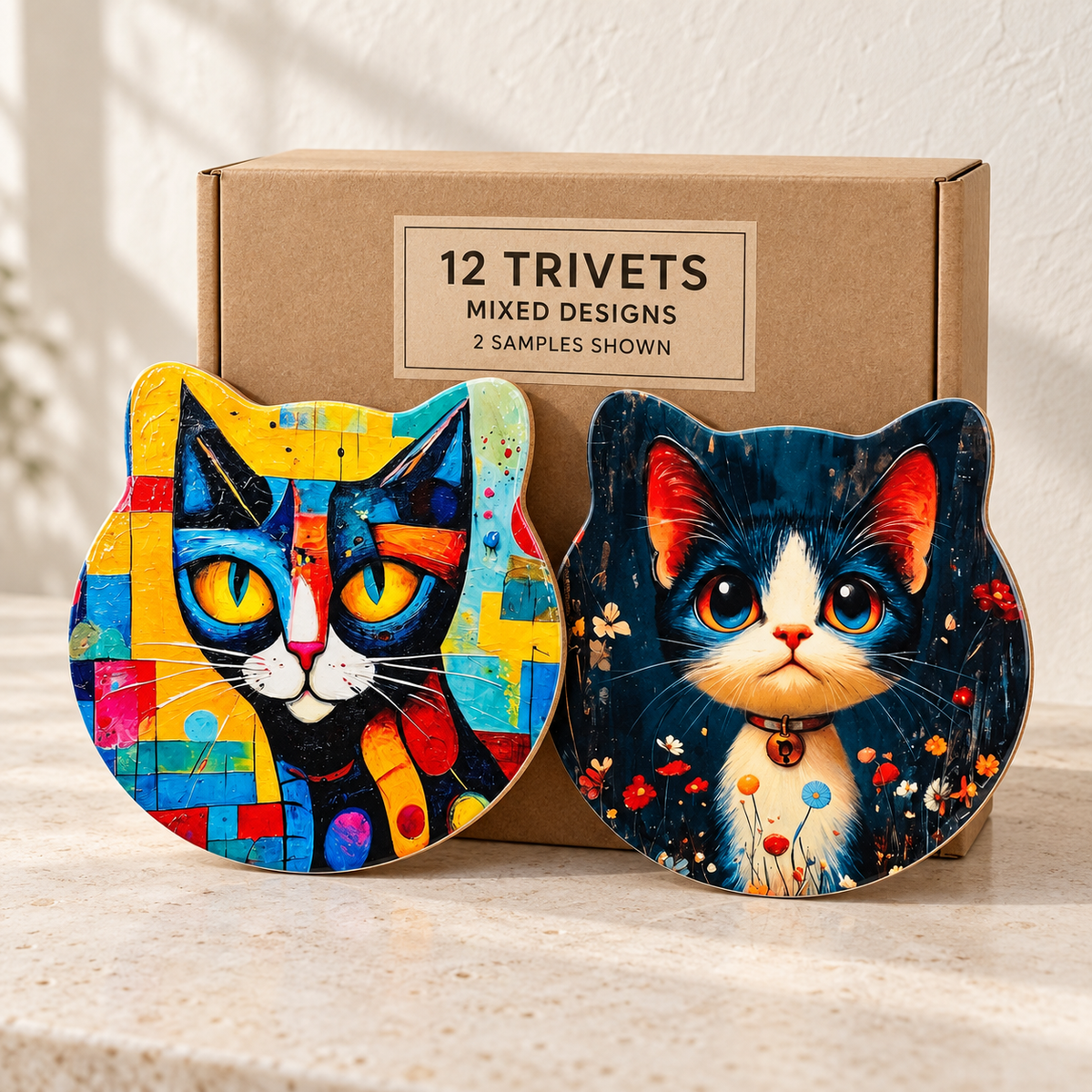 Cat-shaped trivets wholesale box of 12 — two sample designs shown