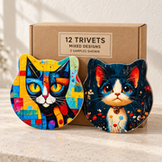 Cat-shaped trivets wholesale box of 12 — two sample designs shown