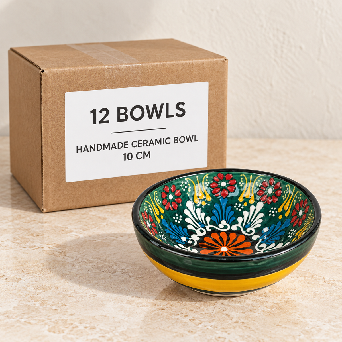 Handmade Ceramic Bowls — Box of 12 — 12 × Handmade Ceramic Bowl - 10 cm. Representative samples beside illustrative wholesale carton.
