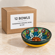 Handmade Ceramic Bowls — Box of 12 — 12 × Handmade Ceramic Bowl - 10 cm. Representative samples beside illustrative wholesale carton.