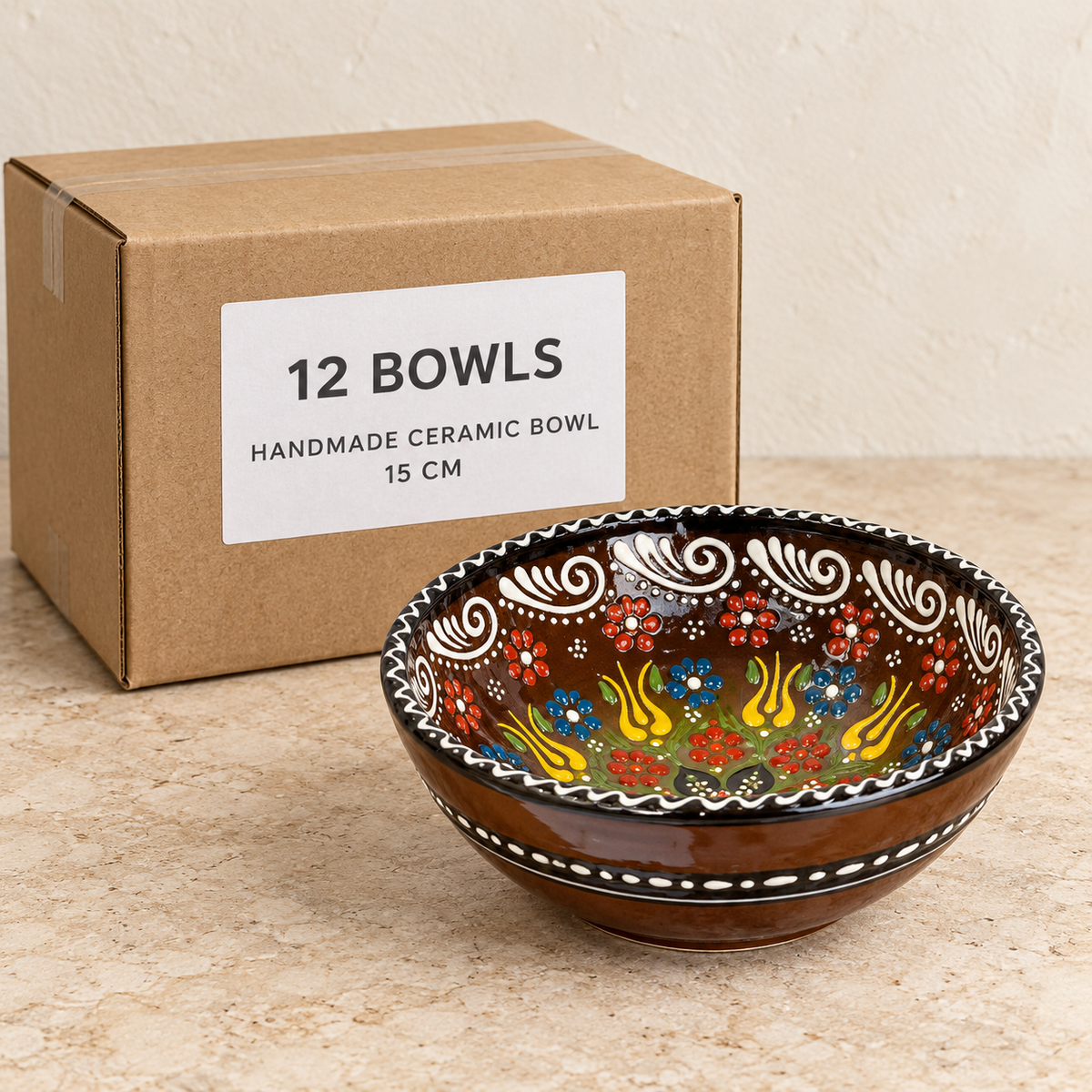 Handmade Ceramic Bowls — Box of 12 — 12 × Handmade Ceramic Bowl - 15 cm. Representative samples beside illustrative wholesale carton.