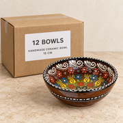 Handmade Ceramic Bowls — Box of 12 — 12 × Handmade Ceramic Bowl - 15 cm. Representative samples beside illustrative wholesale carton.