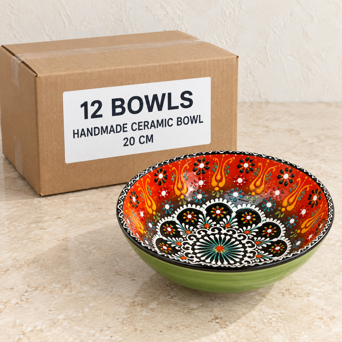 Handmade Ceramic Bowls — Box of 12 — 12 × Handmade Ceramic Bowl - 20 cm. Representative samples beside illustrative wholesale carton.