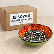 Handmade Ceramic Bowls — Box of 12 — 12 × Handmade Ceramic Bowl - 20 cm. Representative samples beside illustrative wholesale carton.