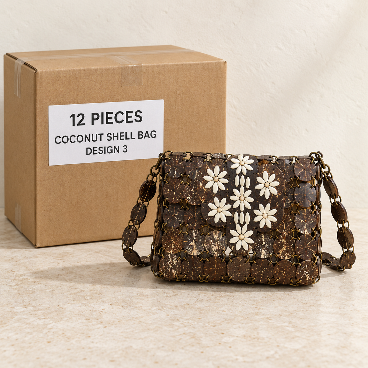 Coconut Shell Bags · Large — Box of 12 — 12 × Coconut Shell Bag - Design 3. Representative samples beside illustrative wholesale carton.