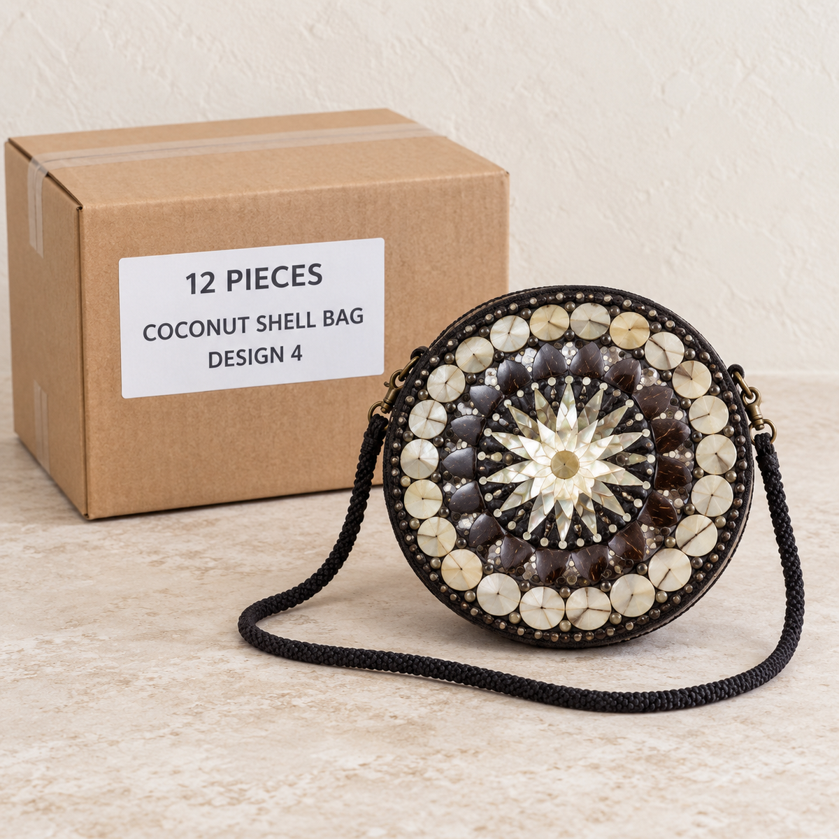 Coconut Shell Bags · Large — Box of 12 — 12 × Coconut Shell Bag - Design 4. Representative samples beside illustrative wholesale carton.