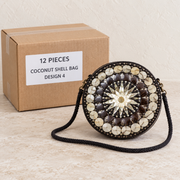 Coconut Shell Bags · Large — Box of 12 — 12 × Coconut Shell Bag - Design 4. Representative samples beside illustrative wholesale carton.