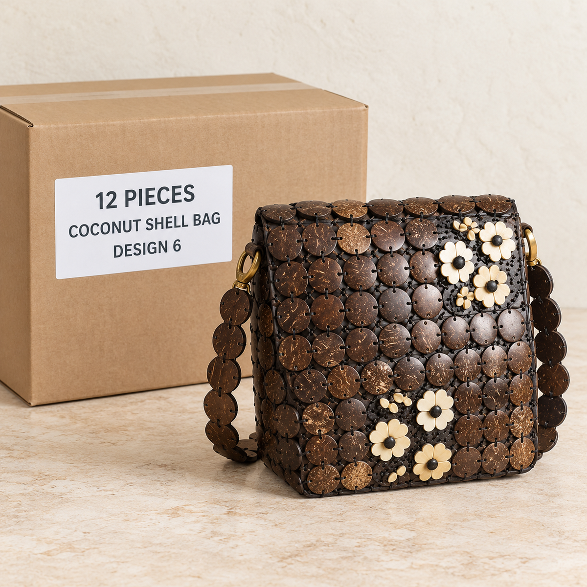 Coconut Shell Bags · Large — Box of 12 — 12 × Coconut Shell Bag - Design 6. Representative samples beside illustrative wholesale carton.