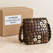 Coconut Shell Bags · Large — Box of 12 — 12 × Coconut Shell Bag - Design 6. Representative samples beside illustrative wholesale carton.