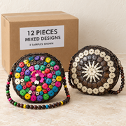 Coconut Shell Bags · Large — Box of 12 — Mixed box — 4 of each design. Representative samples beside illustrative wholesale carton.