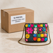 Coconut Shell Bags · Small — Box of 12 — 12 × Coconut Shell Bag - Design 1. Representative samples beside illustrative wholesale carton.