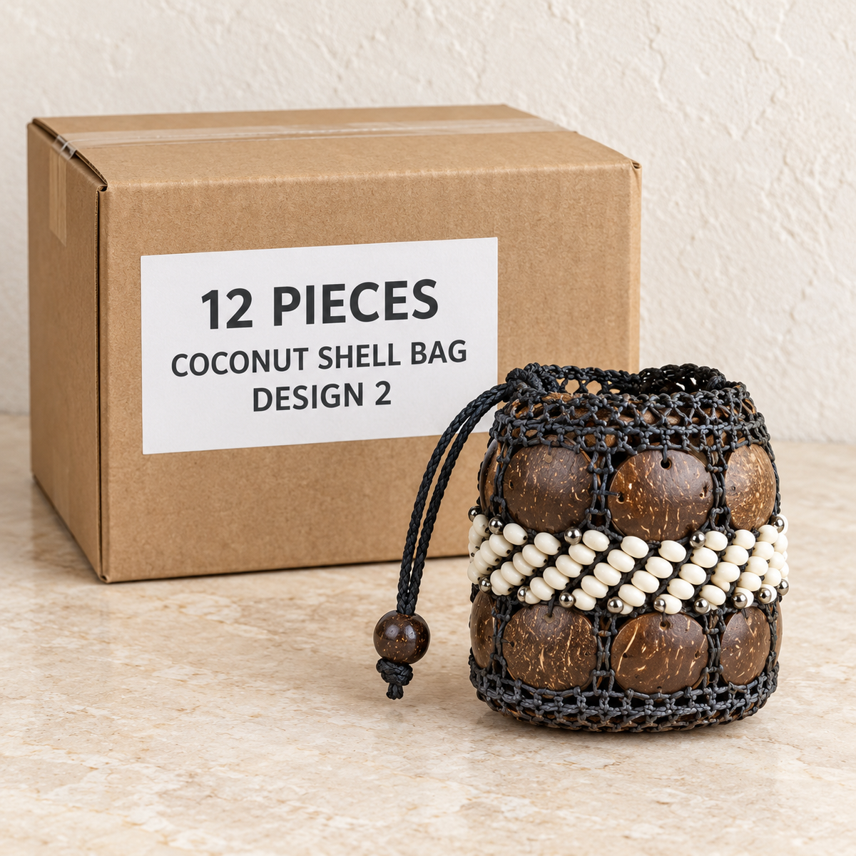 Coconut Shell Bags · Small — Box of 12 — 12 × Coconut Shell Bag - Design 2. Representative samples beside illustrative wholesale carton.