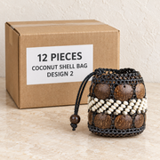 Coconut Shell Bags · Small — Box of 12 — 12 × Coconut Shell Bag - Design 2. Representative samples beside illustrative wholesale carton.