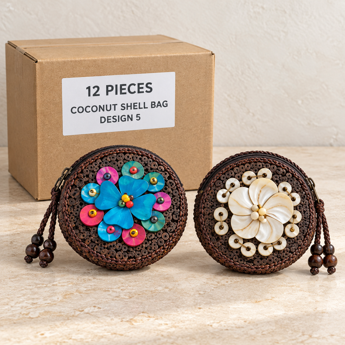 Coconut Shell Bags · Small — Box of 12 — 12 × Coconut Shell Bag - Design 5. Representative samples beside illustrative wholesale carton.