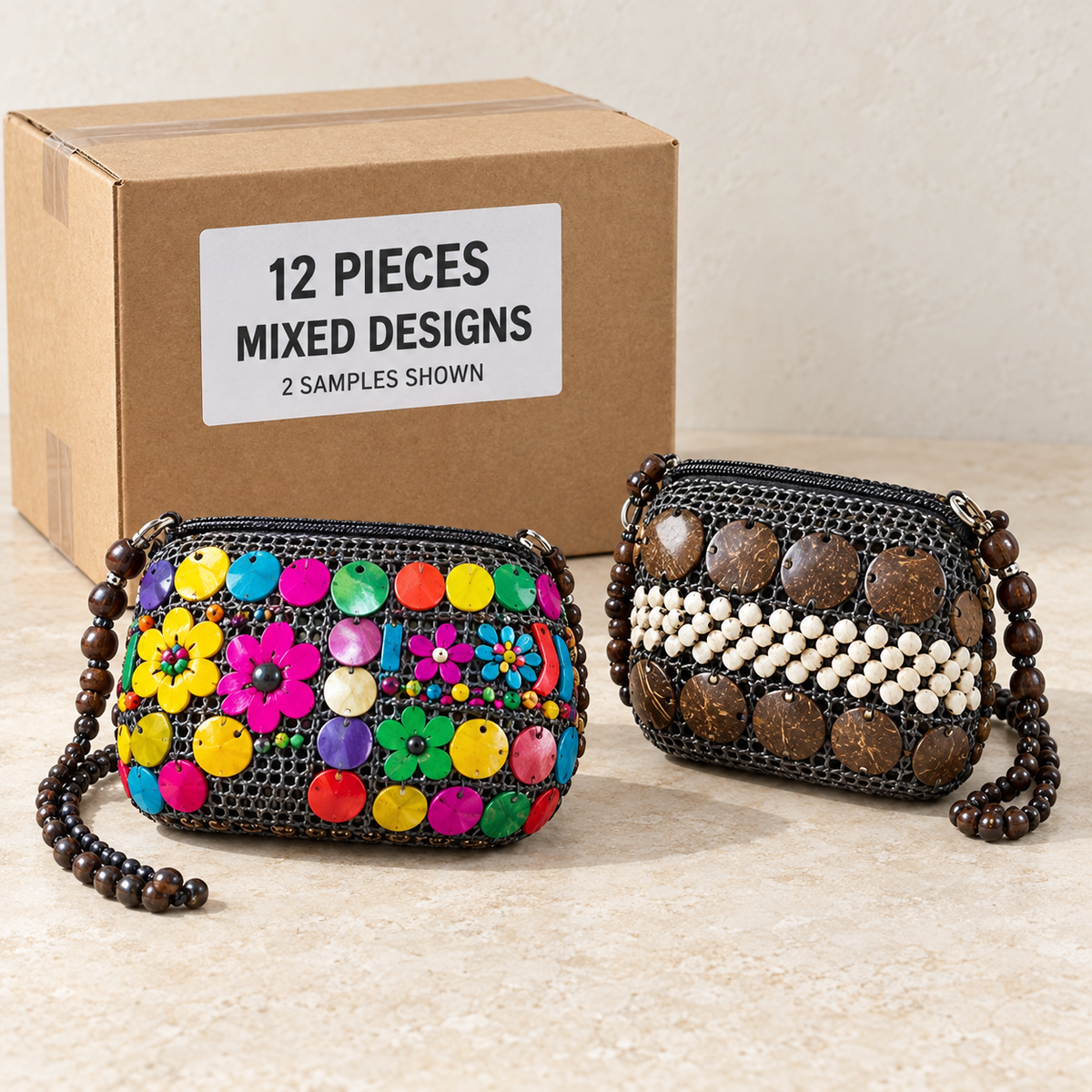 Coconut Shell Bags · Small — Box of 12 — Mixed box — 4 of each design. Representative samples beside illustrative wholesale carton.
