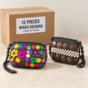 Coconut Shell Bags · Small — Box of 12 — Mixed box — 4 of each design. Representative samples beside illustrative wholesale carton.