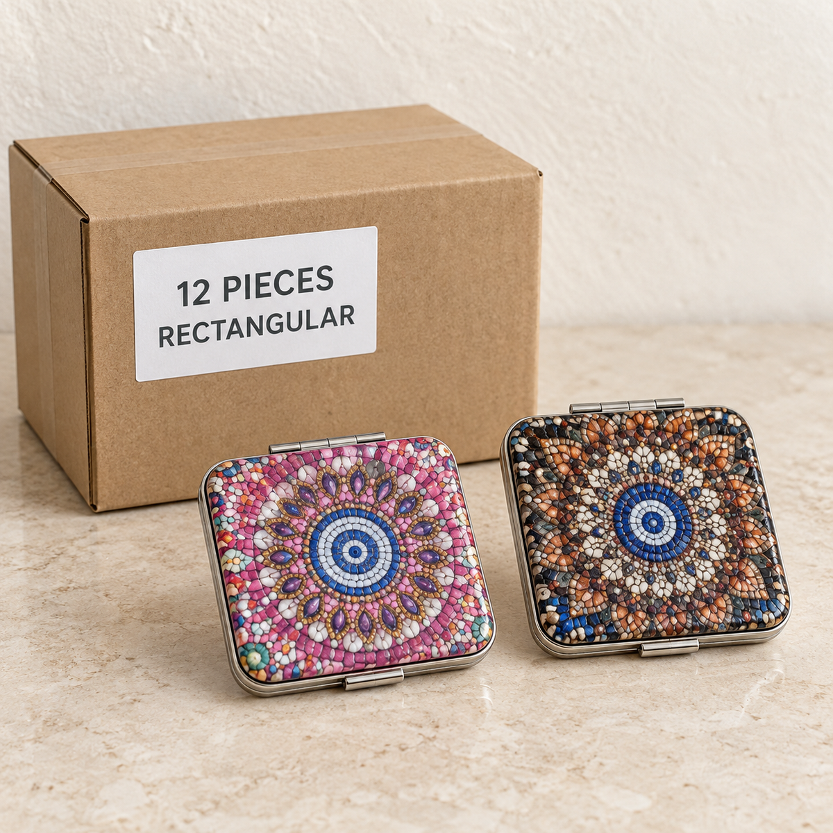 Decorative Compact Mirrors — Box of 12 — 12 × Rectangular. Representative samples beside illustrative wholesale carton.